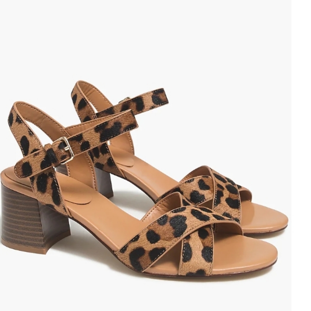 J CREW Leopard calf hair low block-heel sandals